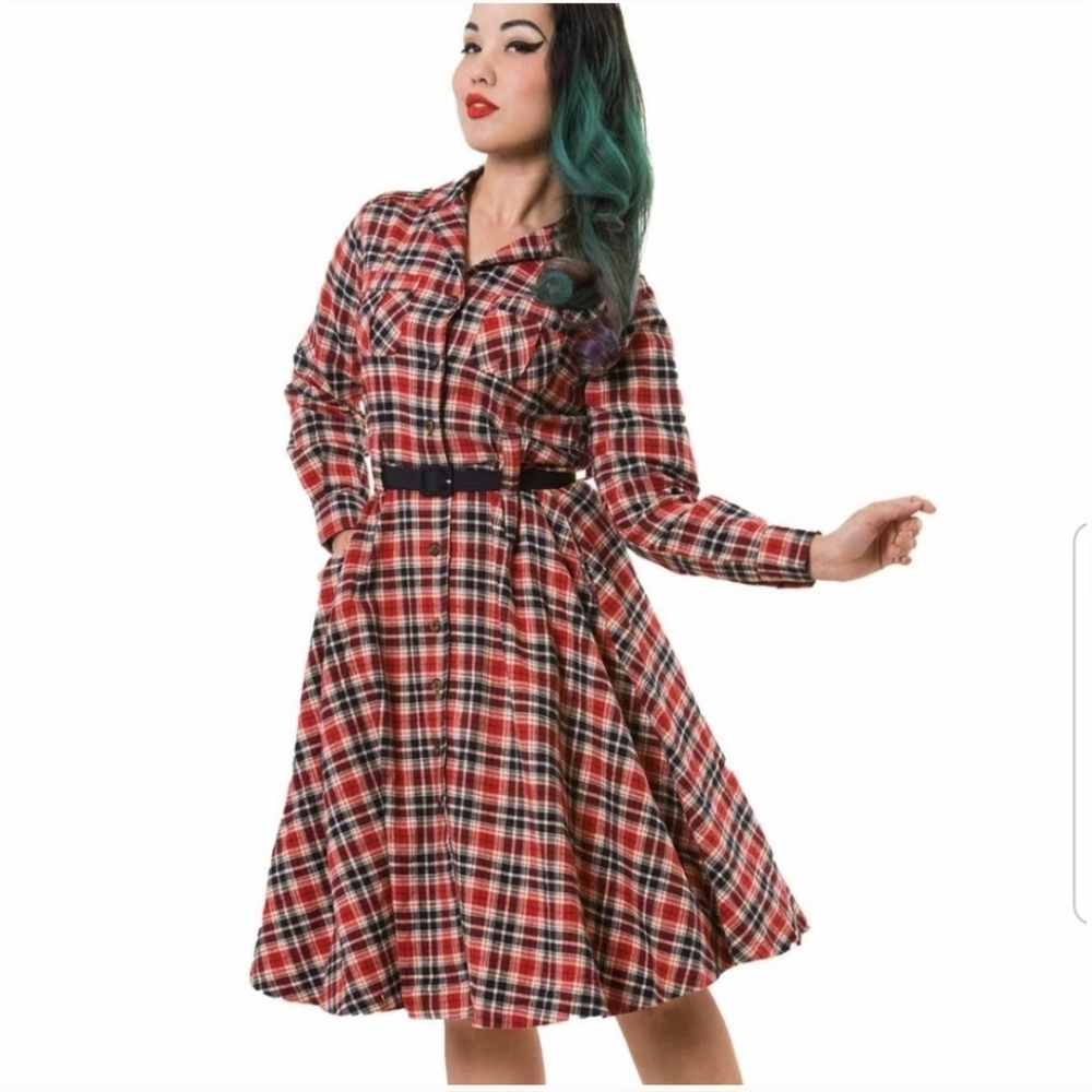 Tatyana Red and Black Plaid Long Sleeve Dress - Picture 1 of 7